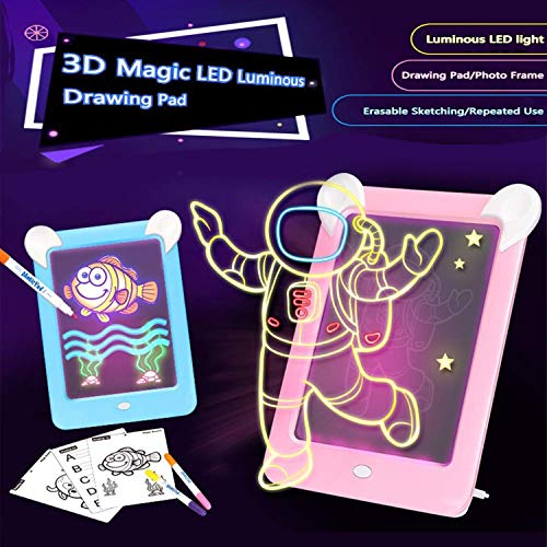 Tableta de Dibujo Pizarra 3D Mágica con Luces LED Educativo Infantil Borrable Dibujo de Graffiti Colorido Luminoso sin Papel & Marco de Fotos Regalos Juguetes para Niños (Rosa)