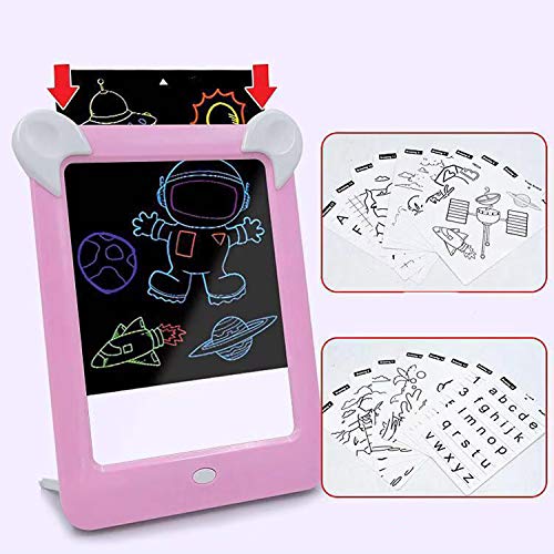 Tableta de Dibujo Pizarra 3D Mágica con Luces LED Educativo Infantil Borrable Dibujo de Graffiti Colorido Luminoso sin Papel & Marco de Fotos Regalos Juguetes para Niños (Rosa)