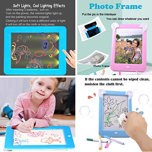 Tableta de Dibujo Pizarra 3D Mágica con Luces LED Educativo Infantil Borrable Dibujo de Graffiti Colorido Luminoso sin Papel & Marco de Fotos Regalos Juguetes para Niños (Rosa)