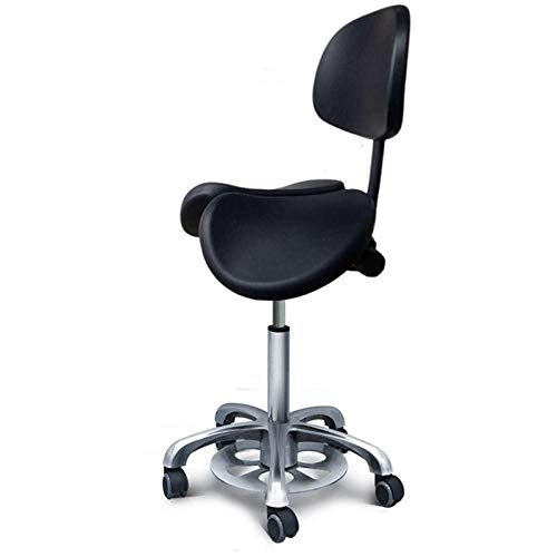 Taburete para Peluqueria con Rueditas，Taburete Ergonomico Dental con Negro PU Cuero Sintético Asiento，Altura Regulable 49-65 cm，160kg de Capacidad de Carga，Taburetes Estetica con Respaldo para Taller