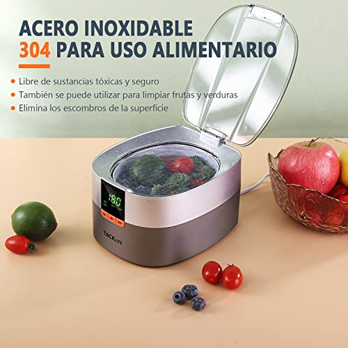 TACKLIFE 750mL Limpiador Ultrasónico Profesional, 48kHz Limpiador por Ultrasonidos, 5 modos de tiempo, 304 Acero inoxidable, con Cesta de Limpieza, para Joyas, Gafas, CD y Dentaduras, etc. - MUC03