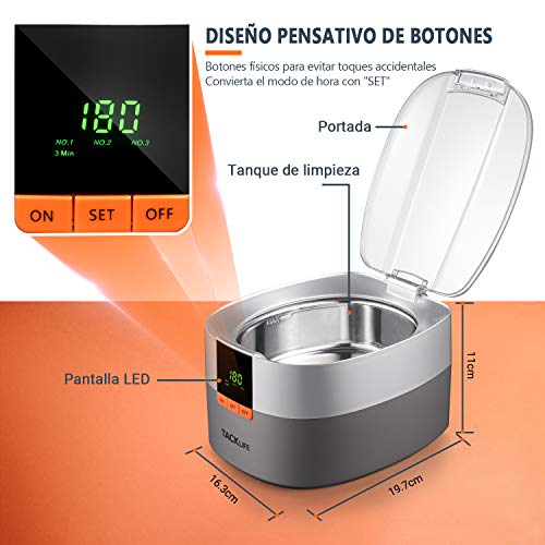 TACKLIFE 750mL Limpiador Ultrasónico Profesional, 48kHz Limpiador por Ultrasonidos, 5 modos de tiempo, 304 Acero inoxidable, con Cesta de Limpieza, para Joyas, Gafas, CD y Dentaduras, etc. - MUC03