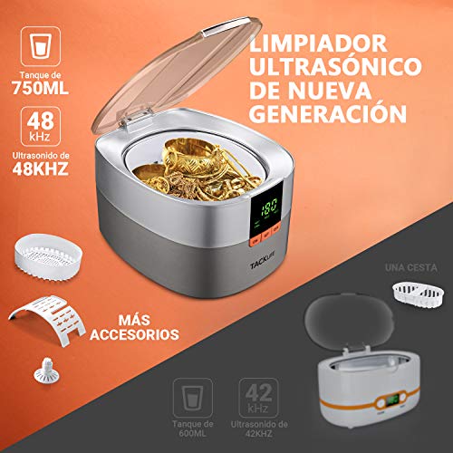 TACKLIFE 750mL Limpiador Ultrasónico Profesional, 48kHz Limpiador por Ultrasonidos, 5 modos de tiempo, 304 Acero inoxidable, con Cesta de Limpieza, para Joyas, Gafas, CD y Dentaduras, etc. - MUC03