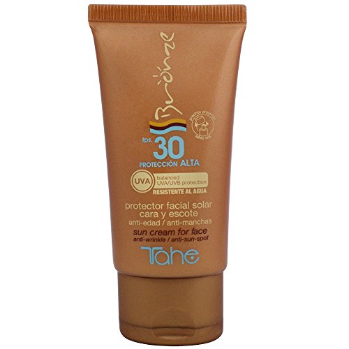 Tahe Bronze Crema Protectora Solar Facial 30/Protector Solar Cara y Escote F.P.S. 30 Resistente al Agua Ligera y de Rápida Absorción, 50 ml