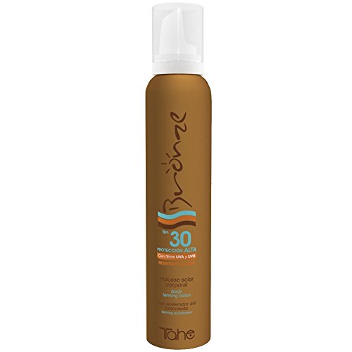 Tahe Bronze Protector Solar en Espuma Textura Mousse/Espuma Bronceadora Solar Intensiva Corporal con Activos Anticelulíticos y Reafirmantes, F.P.S. 30, 200 ml
