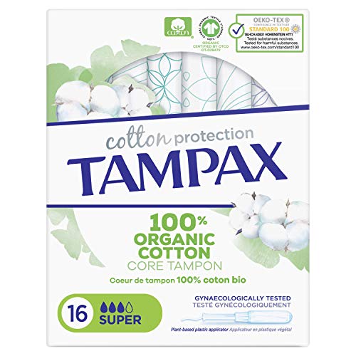 Tampax Cotton Protection Super con aplicador 16 X, tampones de algodón orgánico de Tampax