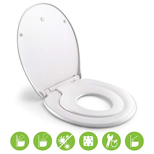 Tapa de WC, HIMIMI Asiento de inodoro familiar, Tapa wc con asiento magnético desmontable para niños, Sisagra ajustable, Fácil de instalar, Tapa wc de polietileno para adultos y niños (447*371*55mm)