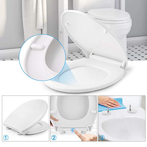 Tapa de WC, HIMIMI Asiento para Inodoro, Asiento de Inodoro en Forma de O, Cierre Suave Lento, Bisagras Ajustables, Desmontaje rápido, Fácil de Limpiar(446 x 371 x 57 mm)