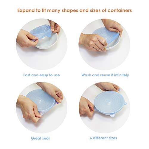 Tapas de silicona elásticas y reutilizables para cocina. 12 tapas herméticas ajustables de silicona útiles como protector de alimentos. Tapas flexibles de varios tamaños para recipientes. Sin BPA.