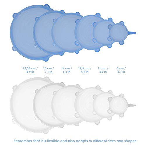 Tapas de silicona elásticas y reutilizables para cocina. 12 tapas herméticas ajustables de silicona útiles como protector de alimentos. Tapas flexibles de varios tamaños para recipientes. Sin BPA.