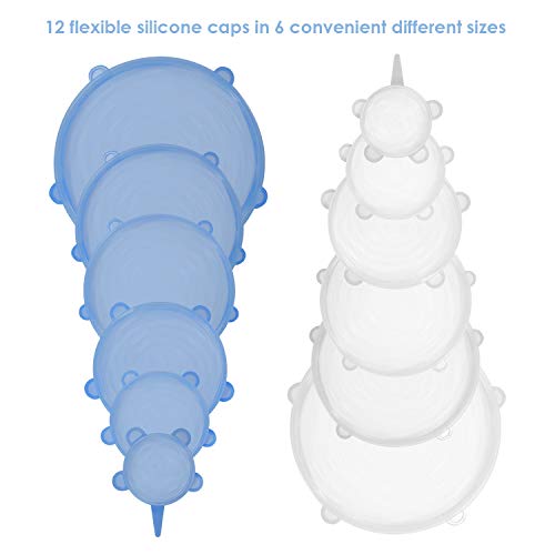 Tapas de silicona elásticas y reutilizables para cocina. 12 tapas herméticas ajustables de silicona útiles como protector de alimentos. Tapas flexibles de varios tamaños para recipientes. Sin BPA.