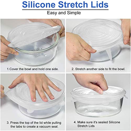 Tapas de Silicona, Tapas de Silicona Elásticas, 12 Tapas de Silicona Ajustables Extensibles Adecuadas para Tazones, Latas, Vasos, etc. - Sin BPA (redonda Blanco, Rectángulo Azul)