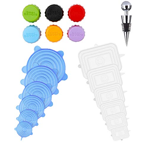 Tapas de Silicona, Tapas de Silicona Elásticas, 12 Tapas de Silicona Ajustables Extensibles Adecuadas para Tazones, Latas, Vasos, etc. - Sin BPA (redonda Blanco, Rectángulo Azul)