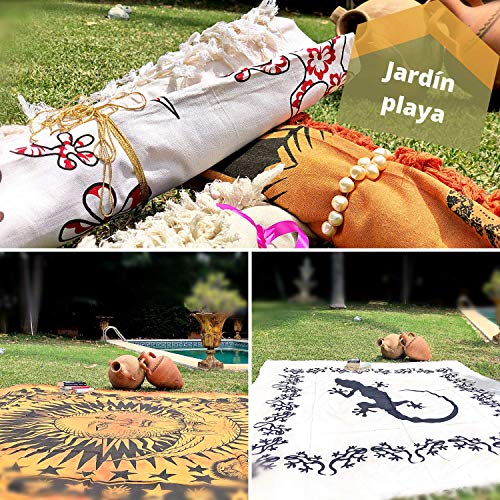 Tapiz Mandala 100% Algodón de la India con 210X240 cm Tapices Indios de Decoración Múltiples Aplicaciones: Cubrecama, Cubre sofá, Mantel, Pareo, Foulard, Picnic, Toalla Playa (Calavera, Beige/Negro)