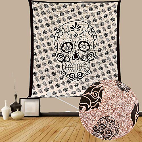 Tapiz Mandala 100% Algodón de la India con 210X240 cm Tapices Indios de Decoración Múltiples Aplicaciones: Cubrecama, Cubre sofá, Mantel, Pareo, Foulard, Picnic, Toalla Playa (Calavera, Beige/Negro)