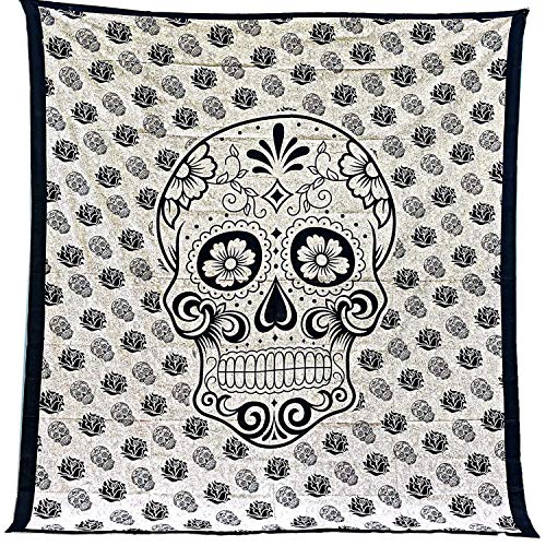 Tapiz Mandala 100% Algodón de la India con 210X240 cm Tapices Indios de Decoración Múltiples Aplicaciones: Cubrecama, Cubre sofá, Mantel, Pareo, Foulard, Picnic, Toalla Playa (Calavera, Beige/Negro)