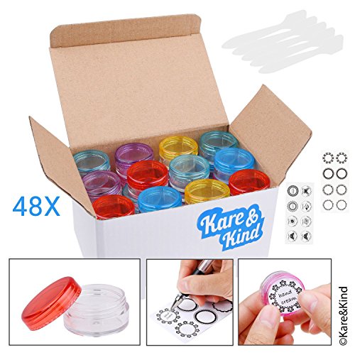 Tarros Contenedores de Bálsamo Labial - Para Uso Cosmético - Paquete de 48 - 6 Colores – Para Hacerlo Usted Mismo - 5 gramos (5 ml) - 48 Adhesivos para Bálsamo Labial Escribibles y 48 Impresos