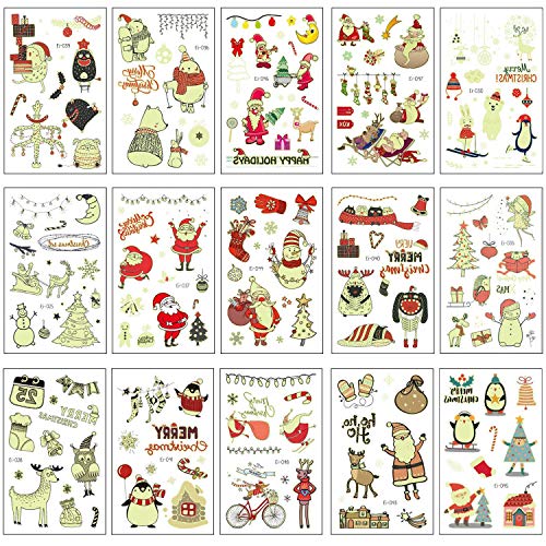 Tatuaje de Navidad Luminoso Tatuajes Temporales para Niños Santa Claus Tatuajes Falsos Tatuajes Pegatinas para Infantiles Regalo para Fiesta de Cumpleaños