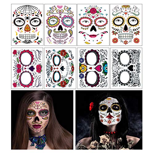 Tatuaje temporal de la cara, 8 Kits Tatuajes Sugar Skull Stickers Day of The Dead Makeup, Face Tattoo Rose Design para Halloween, disfraces y fiestas (Pegatinas faciales)