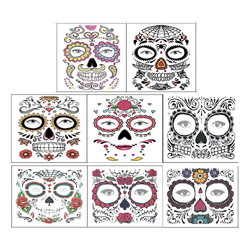 Tatuajes de cara de Halloween, 8 kits Tatuajes temporales del cráneo del azúcar del día de los muertos, Maquillaje de la cara de miedo para disfraces y fiestas (Multicolor)