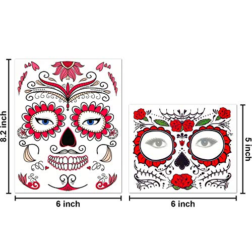 Tatuajes de cara de Halloween, 8 kits Tatuajes temporales del cráneo del azúcar del día de los muertos, Maquillaje de la cara de miedo para disfraces y fiestas (Multicolor)