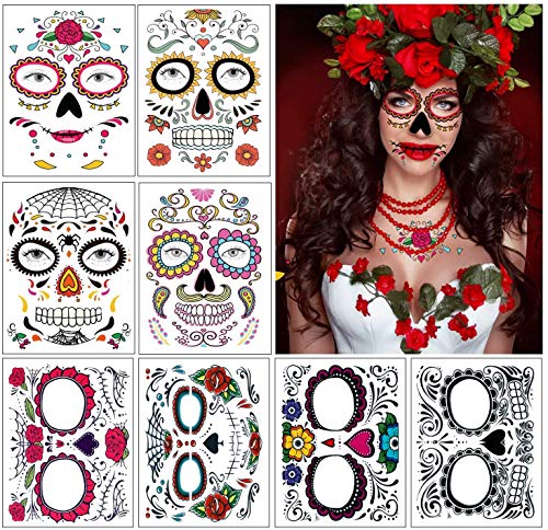 Tatuajes de cara de Halloween, 8 kits Tatuajes temporales del cráneo del azúcar del día de los muertos, Maquillaje de la cara de miedo para disfraces y fiestas (Multicolor)