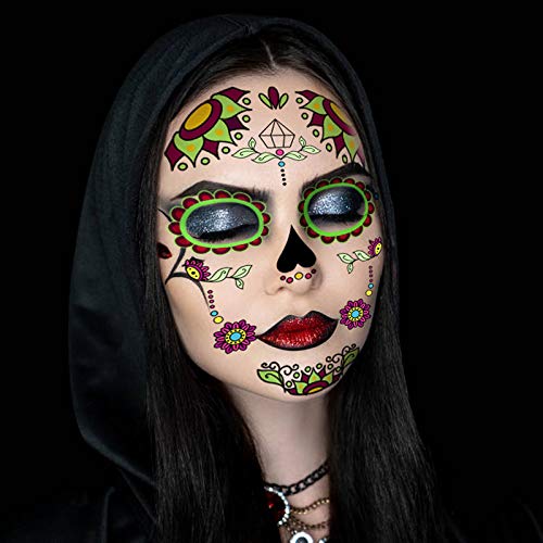 Tatuajes de cara del día de los muertos, kit de tatuaje temporal brillante de calavera de azúcar de 6 hojas para fiesta de maquillaje de Halloween (Multicolor)