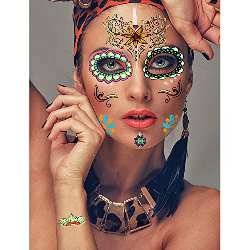 Tatuajes de cara del día de los muertos, kit de tatuaje temporal brillante de calavera de azúcar de 6 hojas para fiesta de maquillaje de Halloween (Multicolor)