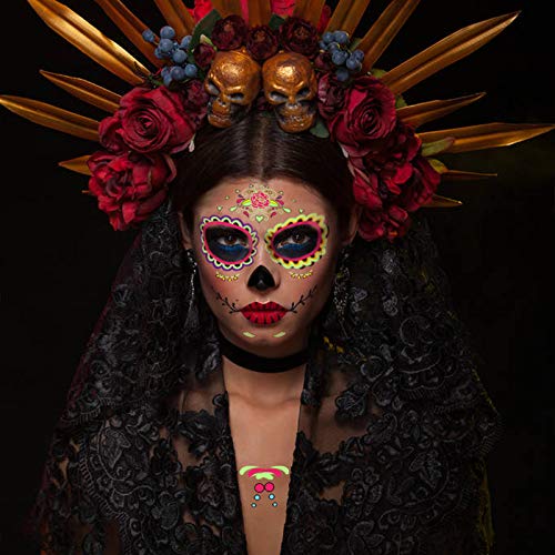 Tatuajes de cara del día de los muertos, kit de tatuaje temporal brillante de calavera de azúcar de 6 hojas para fiesta de maquillaje de Halloween (Multicolor)