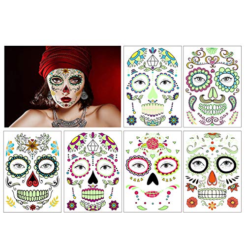 Tatuajes de cara del día de los muertos, kit de tatuaje temporal brillante de calavera de azúcar de 6 hojas para fiesta de maquillaje de Halloween (Multicolor)