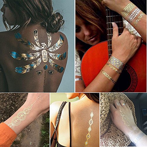 Tatuajes Dorados – Meersee 10 Hojas de Tatuajes Temporales Metálicos Adultos Brillante y ultra Resistente (Oro)