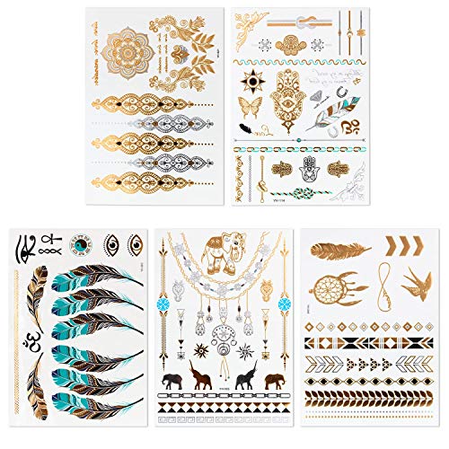 Tatuajes temporales adhesivos adhesivos resistentes al agua metalizados 12 hojas oro y plata tatuaje falso tatuaje con más de 200 patrones para mujeres y niñas