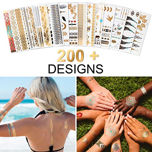 Tatuajes temporales adhesivos adhesivos resistentes al agua metalizados 12 hojas oro y plata tatuaje falso tatuaje con más de 200 patrones para mujeres y niñas