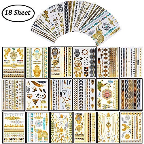Tatuajes temporales - Simuer metálico destello temporal oro plata falsos tatuajes joyería tatuajes cuerpo pegatinas Impermeable Tatuajes para adultos mujer (18 Hojas)