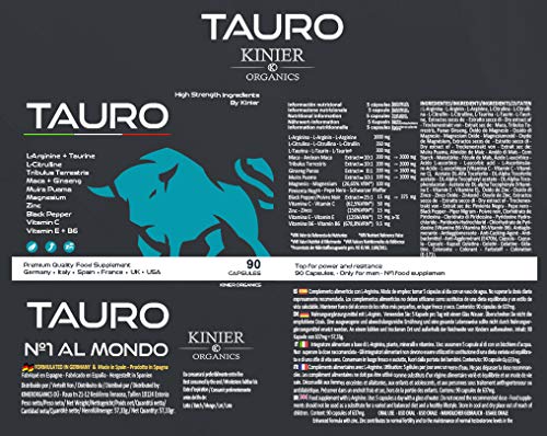 TAURO · Potenciador de Testosterona Pura · 90 Pastillas para hombre con Maca Andina, Arginina, Tribulus Terrestris, Ginseng, Muira Zinc y Vitaminas
