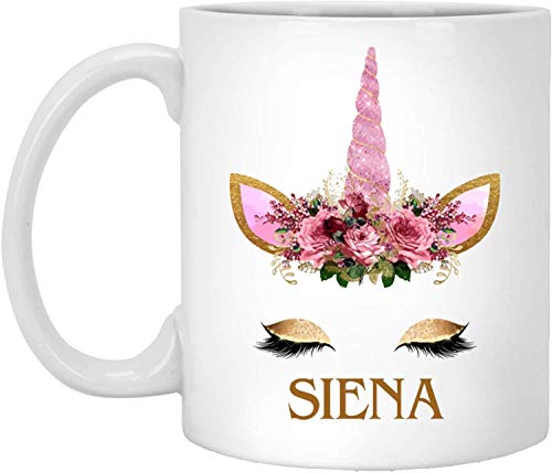 Taza de té, color blanco, siena unicornio, 325 ml, tazas de café con diseño de unicornio y flores para niñas, taza personalizada con nombre de unicornio