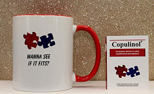 Taza divertida con texto en inglés «Wanna See if it fits» para el día de la madre, cumpleaños, día de San Valentín, Navidad, oficina, té, café de 325 ml y COPULINOL, 1,5 ml, 100% feromona para mujeres