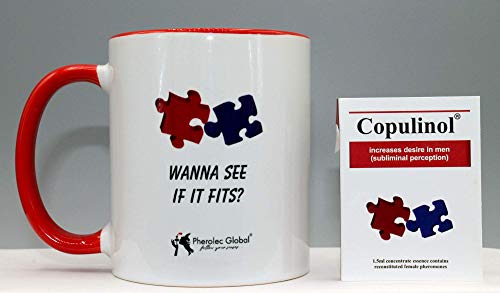 Taza divertida con texto en inglés «Wanna See if it fits» para el día de la madre, cumpleaños, día de San Valentín, Navidad, oficina, té, café de 325 ml y COPULINOL, 1,5 ml, 100% feromona para mujeres
