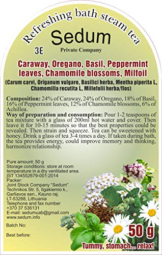 Té Herbal Sedum Mezcla - Comino, orégano, albahaca, hojas de menta fresca, flores de camomila, aquilea - Té de hierbas sabroso y natural - Té refrescante y relajante - Recogido a mano en la UE - 50g