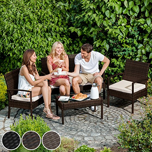 TecTake Conjunto muebles de Jardín en Poly Ratan Sintetico - negro 4 plazas, 2 sillones, 1 mesa baja, 1 banco - disponible en diferentes colores - (Negro/Marrón)