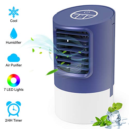 TedGem Ventilador Aire Acondicionado Portatil, Aire Acondicionado Pequeño Air Cooler, 4 en 1 Enfriador de Aire, Ventilador Humidificador, 7 Luces LED, 3 Velocidades, para el Hogar y la Oficina (Azul)