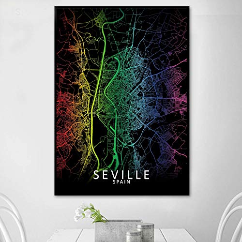 TELEGLO (No Frame) 50 * 70cm ESPAÑA Madrid Oviedo Sevilla Zaragoza Bilbao Valencia Rainbow City Map Art Canvas Poster Wall Picture for Living Room