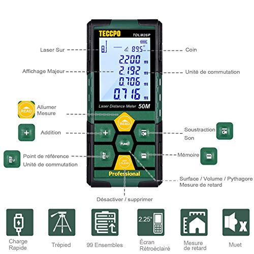 Telémetro láser 50m, USB 30mins Carga rápida, TECCPO Medidor Láser, Electrónico Ángulo Sensores, 99 Datos, 2.25'' LCD Retroiluminación, Medición de distancia, Área, Volumen, Trípode, IP54, TDLM26P