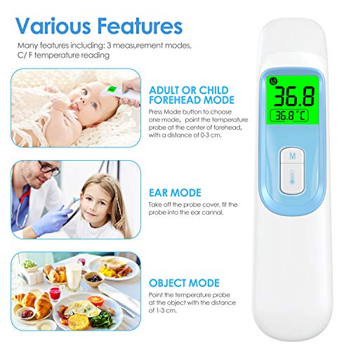 Termómetro infrarrojo 4 en 1 Termómetro de frente para adultos con alarma y función digital de almacenamiento sin contacto adecuado para adultos y niños