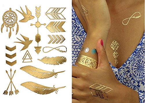 Terra Tattoos Hazel Collection - Tatuajes temporales metálicos para el cabello, más de 75 diseños, oro y plata (6 láminas)