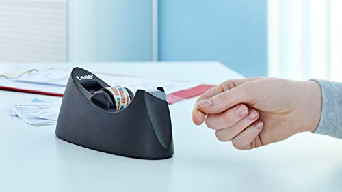 tesa 53917 Dispensador de Mesa Easy Cut Antideslizante, manejo Sencillo, Corte Limpio, Incl 10 u opcionalmente 8 33 m:19 mm, Negro, CURVE + 1 Rolle tesafilm transparent