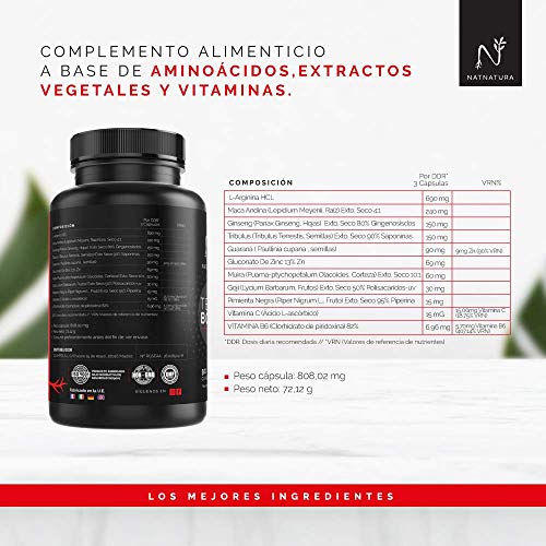Testosterona. Aumento rendimiento masculino y deportivo. 90 cápsulas vegetales. Potenciador de testosterona natural Vegano y sin gluten.