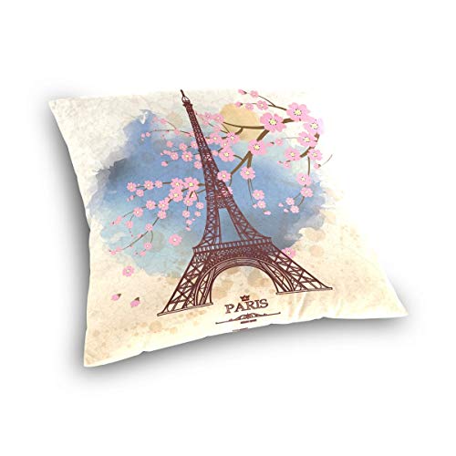 TGSCBN Throw Pillow Case Decorative Cushion Cover Square Pillowcase, Shabby Chic Cherry Blossom Eiffel Tower Sofa Bed Pillow Case Cover