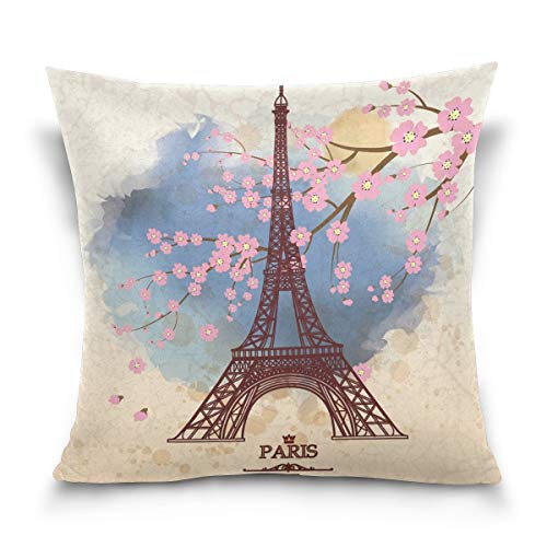 TGSCBN Throw Pillow Case Decorative Cushion Cover Square Pillowcase, Shabby Chic Cherry Blossom Eiffel Tower Sofa Bed Pillow Case Cover