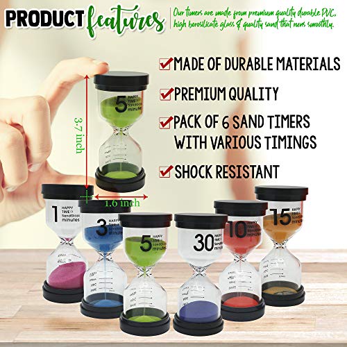 THE TWIDDLERS Paquete de 6 Relojes de Arena con Varios Tiempos - 6 Colores Surtidos minutero para el hogar - Aula - Cocina y Oficina - Temporizador Juego - Game Timer 1/3/5/10/15/30
